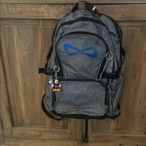 Nfinity Sparkle Gray Cheer Backpack with Blue Logo and Keychain.